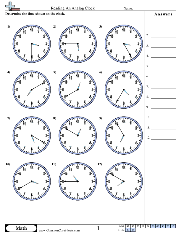 Reading a Clock (5 Minute Increments) worksheet